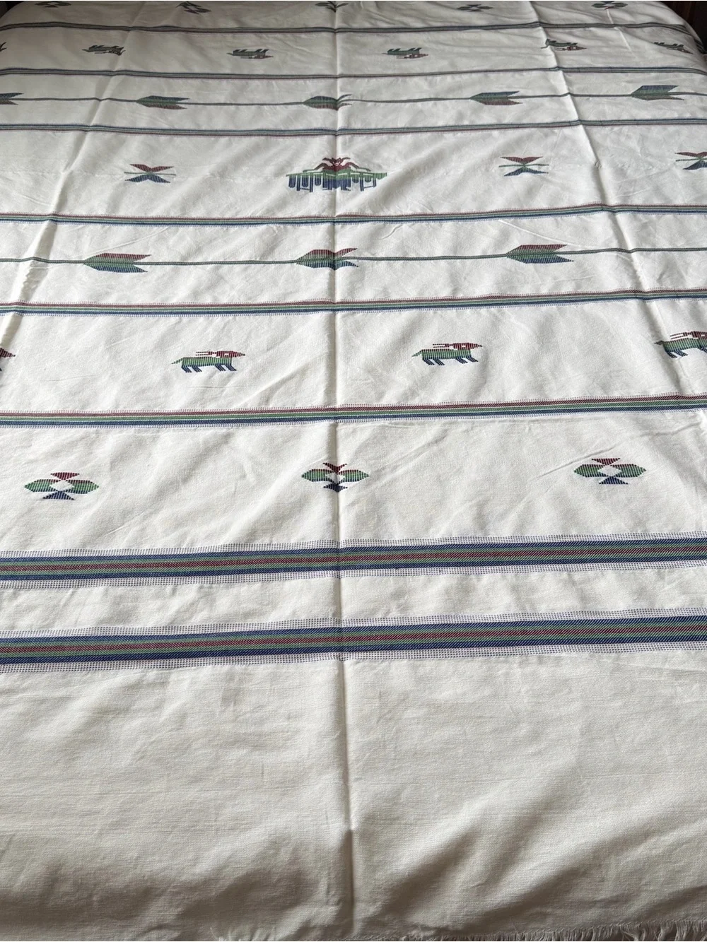 Vintage Folk Embroidered Tablecloth 68x96 Cotton Fringe